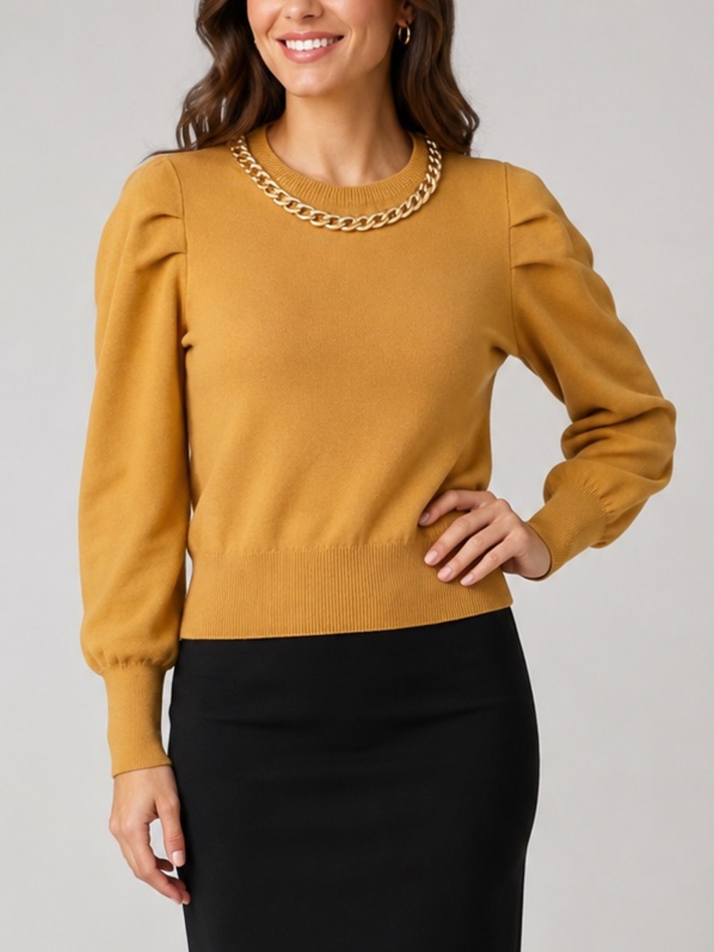 🆕🌾AZI New York Mustard Gold Chain-Neck Puff Sleeve 100% Cotton Sweater Size S